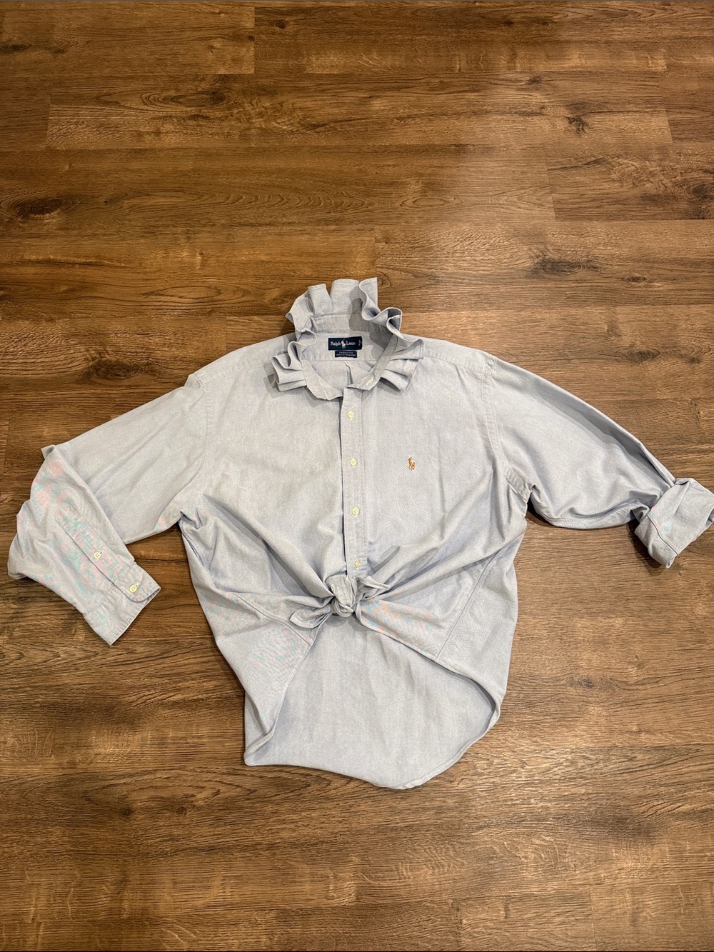 Upcycled Ralph Lauren Lt Blue Ruffle Collar Button-Down Shirt Size 17-35 large